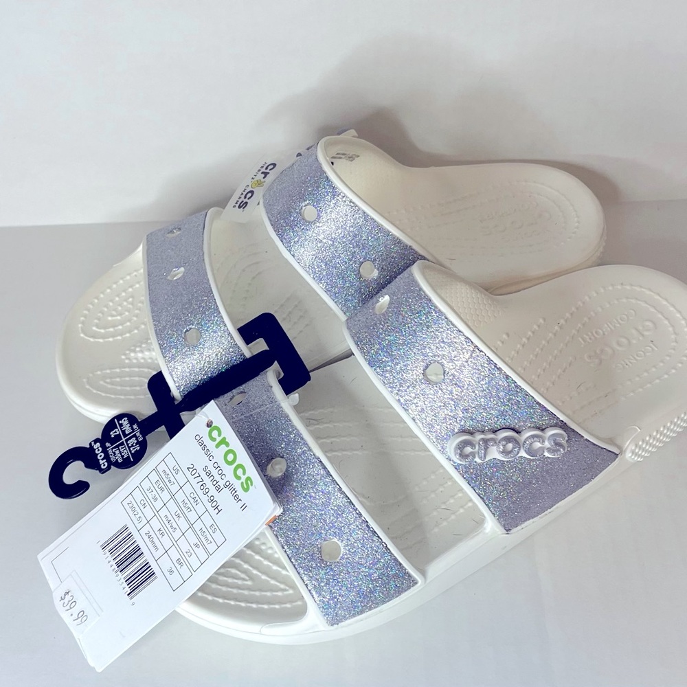 NEW CROCS Sandal Women 7 White with Silver Glitter